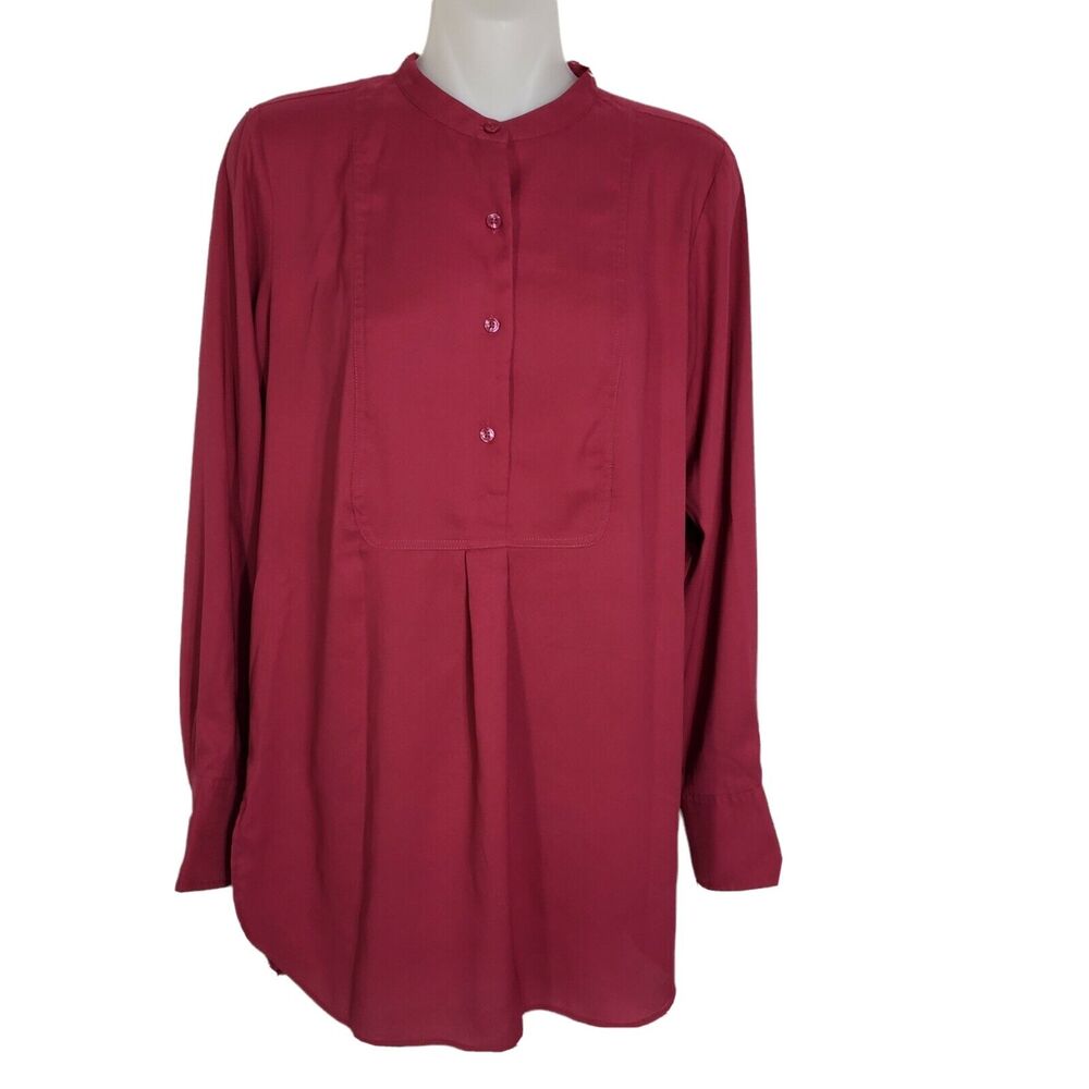 Ann Taylor Womens Tunic Top Size XS Bib Frosted Cranberry Long Sleeve Mandarin